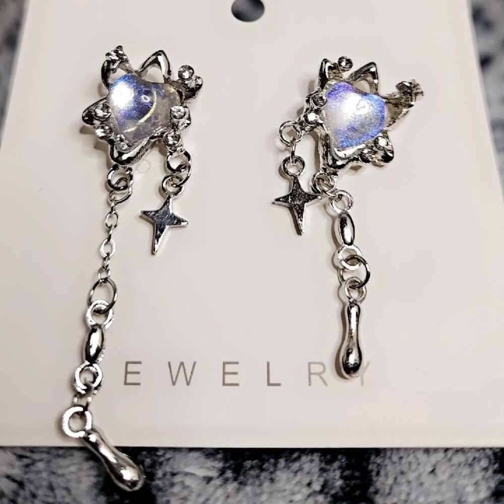 New Moonstone Heart Silver Star Dangle Stud Metal Earrings for Women Girls Y2k
